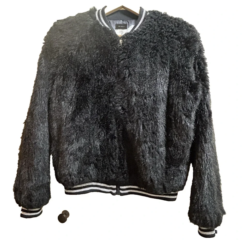 MOTHER Women's The Letterman Faux Fur Bomber Jacket Black - Size Medium - Picture 3 of 11
